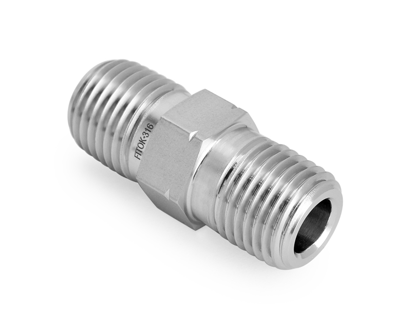 316 SS, FITOK 6 Series Pipe Fitting, Hex Nipple, 1/4 Male NPT × 1/4 Male ISO Tapered Thread(RT)