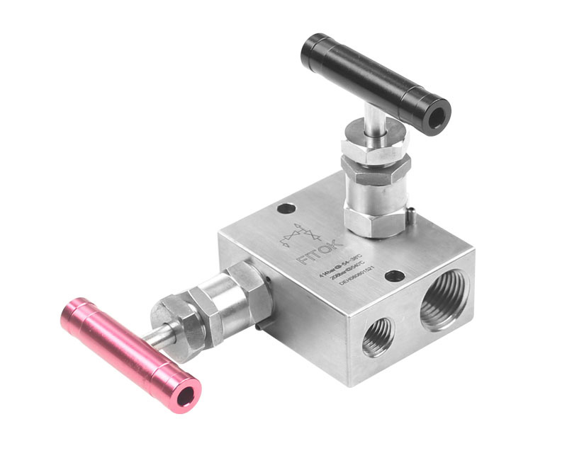 316 SS, 2R Series 2-valve Instrumentation Manifolds, Remote Mount, 1/2 Female NPT × 1/2 Female NPT × 1/4 Female NPT, PTFE Packing, 6000psig(414bar), -65°F to 450°F(-54°C to 232°C), Valves Vertically Mounted