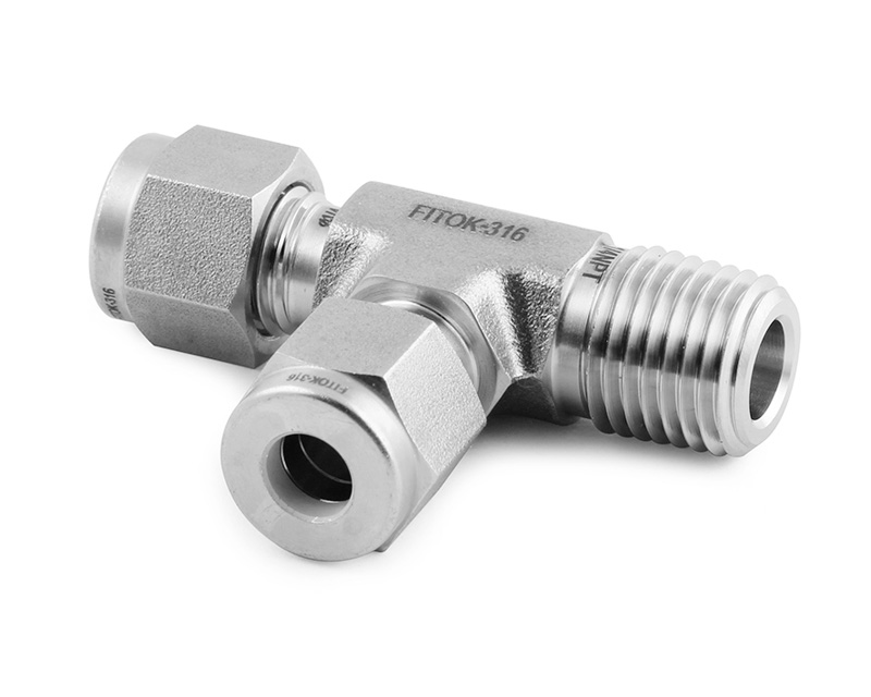 Male Run Tee, 316SS, 1/2in. x 1/2in. Tube OD, 2-Ferrule x Run 1/2in. (M)NPT