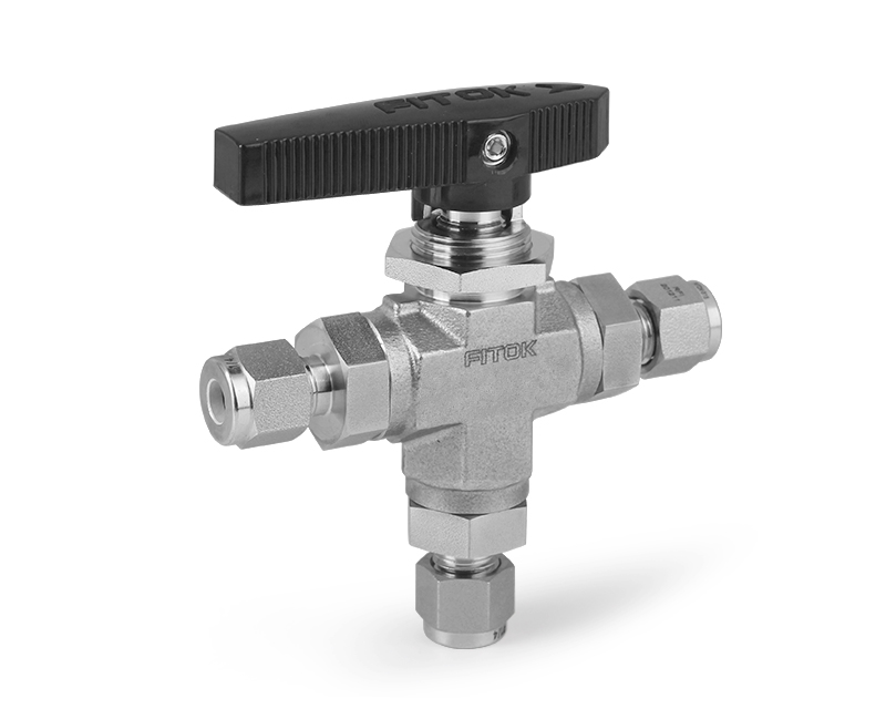 Ball Valve, Body: 316SS, MWP: 1,500psig (Bottom Inlet), Seat: PTFE, Conn.: 3Ports x 6mm Tube OD, 2-Ferrule, Orifice:4.7mm, Cv:0.7, Black Nylon Handle, 3-Way