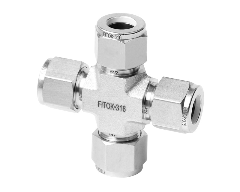 Union Cross, 316SS, 1/2in. x 1/2in. x 1/2in. x 1/2in. Tube OD, 2-Ferrule
