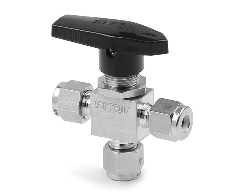 Ball Valve, Body: 316SS, MWP: 2,500psig, Seat: PTFE, Conn.: 3Ports x 6mm Tube OD, 2-Ferrule, Orifice:4.8mm, Cv:0.9, Black Nylon Handle, 3-way