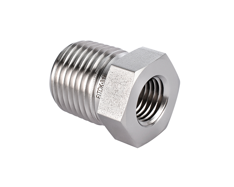 316 SS, FITOK 6 Series Pipe Fitting, Reducing Bushing, 3/8 Male ISO Tapered Thread(RT) × 1/4 Female ISO Tapered Thread(RT)