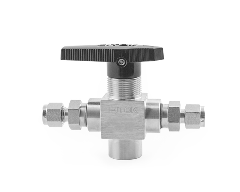 Ball Valve, Body: 316SS, MWP: 1,500psig, Seat: PTFE,  Conn.: 8mm x 8mm Tube OD, 2-Ferrule x Bottom: 1/4in. (F)NPT, Orifice:4.8mm, Cv:0.75, Black Nylon Handle, 3-Way