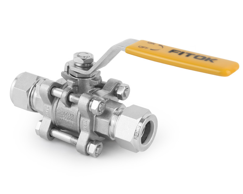 Ball Valve, Body: 316SS/CF8M, MWP: 1,000psig, Seat: PTFE, Conn.: 12mm x 12mm Tube OD, 2-Ferrule, Orifice:10.6mm, Cv:7.5, SS Lever Handle, 3-Piece Bolted Body