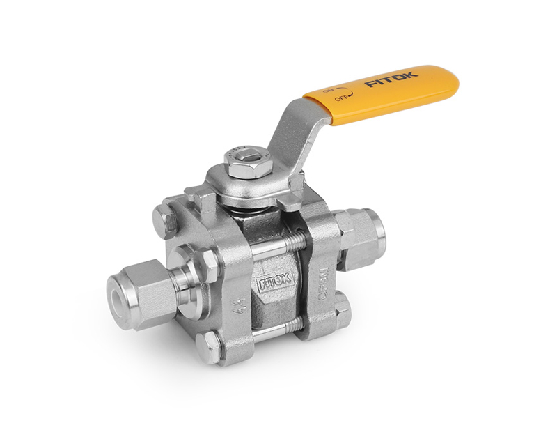 Ball Valve, Body: 316SS/CF8M, MWP: 1,500psig, Seat: PTFE, Conn.: 1/2in. x 1/2in. Tube OD, 2-Ferrule, Orifice:10.3mm, Cv:7.5, SS Lever Handle, 3-Piece Bolted Body