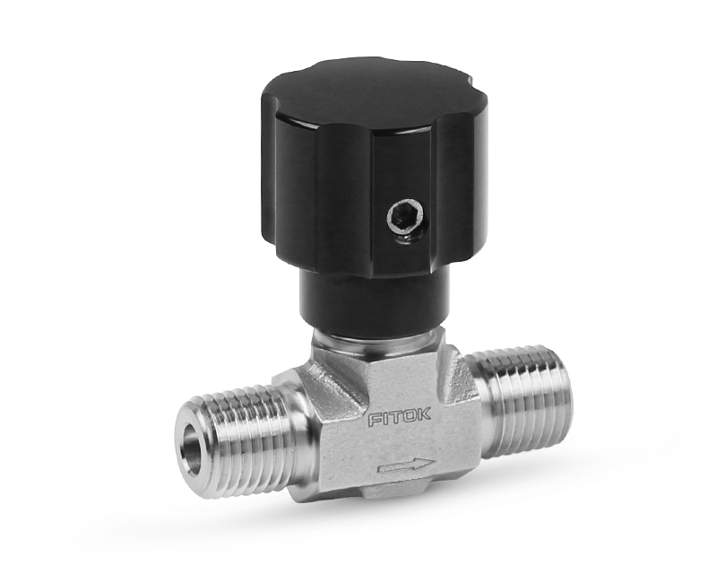 Needle Valve, Body: 316SS, MWP: 3,000psig, O-ring: FKM, Stem Tip: PCTFE, Conn.: 1/4in. x 1/4in. (M)NPT, Orifice:4mm, Cv:0.27, Anodized Al Knob Handle