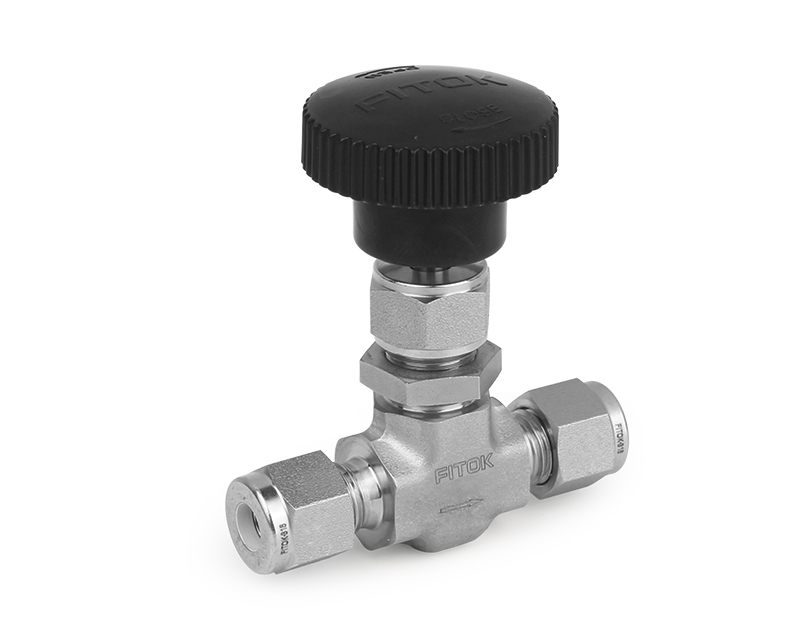 Needle Valve, Body: 316SS, MWP: 3,000psig, Packing: PTFE, Conn.: 12mm x 12mm Tube OD, 2-Ferrule, Oriffice: 6.4mm, Cv:0.7, Black Knob Handle