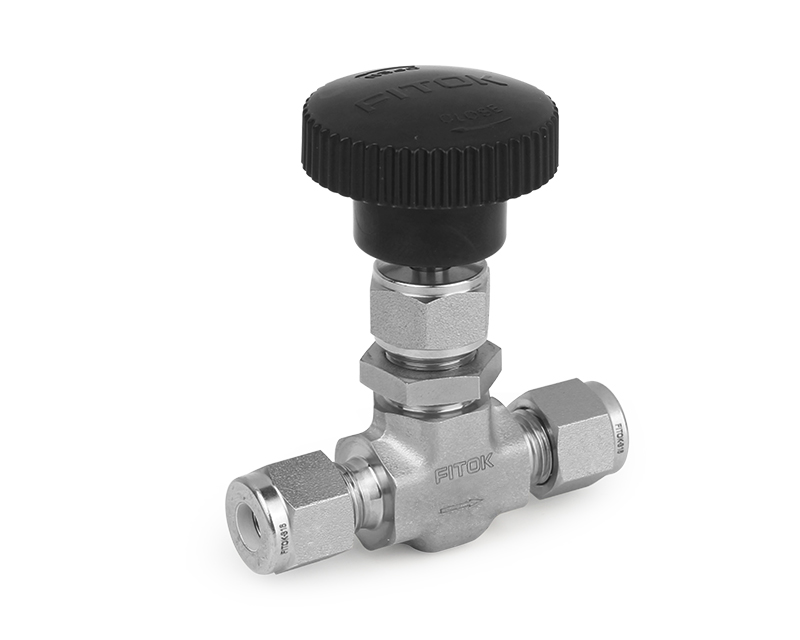 Needle Valve, Body: 316SS, MWP: 3,000psig, Packing: PTFE, Conn.: 6mm x 6mm Tube OD, 2-Ferrule, Orifice:4mm, Cv:0.35, Black Knob Handle with panel mounting nut
