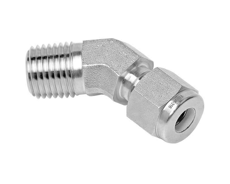 45° Male Elbow, 316SS, 1/4in. Tube OD, 2-Ferrule x 1/4in. (M)NPT, 45Deg.