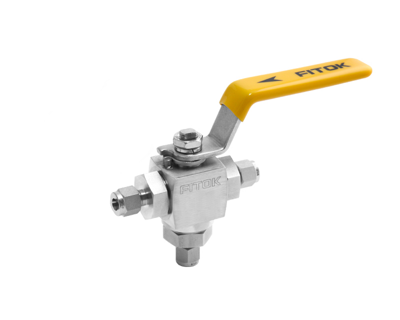 Ball Valve, Body: 316SS, MWP: 4,000psig (Bottom Inlet), Seat: PVDF,  Conn.: 3Ports x 3/8in. Tube OD, 2-Ferrule, Orifice:10mm, Cv:3.7, SS Lever Handle, 3-Way Vertical