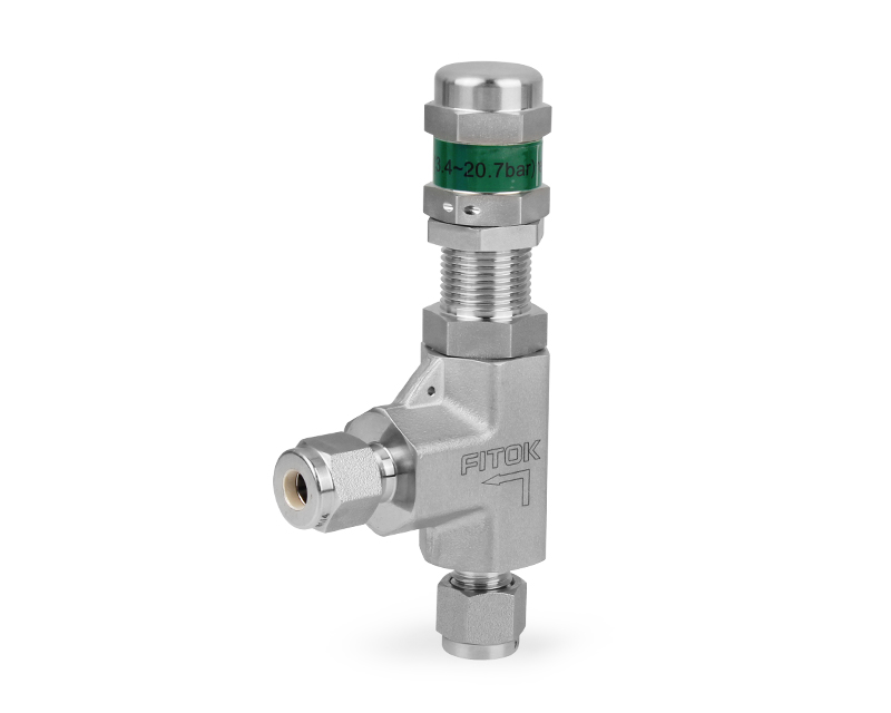 316 SS, RV Series Relief Valve, High Pressure, 3/8" Tube Fitting, Fluorocarbon FKM O-ring, 6000psig(414bar), -25°F to 250°F(-4°C to 121°C), 0.14" Orifice, Green Spring, Set Pressure 50 to 300psig(3.45 to 20.7bar)