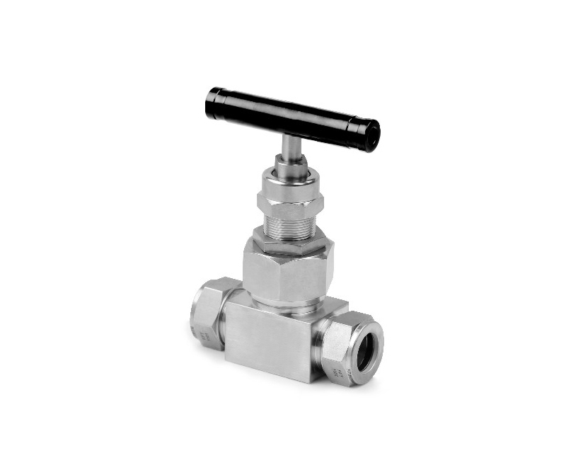 Needle Valve, Body: 316SS, MWP: 6,000psig, Packing: PTFE, Conn.: 12mm x 12mm Tube OD, 2-Ferrule, Orifice:6.4mm, Cv:0.8, Black Al T-bar Handle, Union Bonnet