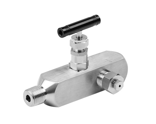 [GVSS-NS8-FNS8] Gauge Valve, Body: 316SS, MWP: 6,000psig, Packing Material: PTFE, Inlet: 1/2in. (M)NPT, Outlets: 3Ports x 1/2in. Femal NPT with Plug & Bleed Valve on Side Ports,  Anodized Aluminum T-bar Handle