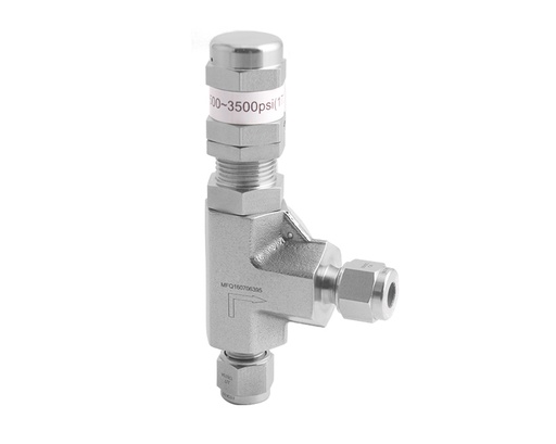 [RVSS-ML6-6-F] 316 SS, RV Series Relief Valve, High Pressure, 6mm Tube Fitting, Fluorocarbon FKM O-ring, 6000psig(414bar), -25°F to 250°F(-4°C to 121°C), 0.14" Orifice, Green Spring, Set Pressure 50 to 300psig(3.45 to 20.7bar)