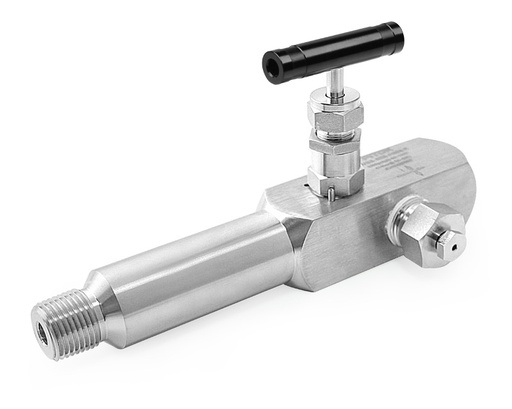 [GVSS-NS8-FNS8-E] Gauge Valve, Body: 316SS, MWP: 6,000psig, Packing Material: PTFE, Inlet: 1/2in. (M)NPT, Outlets: 3Ports x 1/2in. Femal NPT with Plug & Bleed Valve on Side Ports, Anodized Aluminum T-bar Handle, Body Style: Extended Type